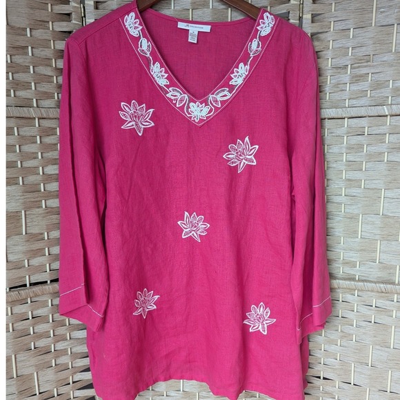 JM Collection Tops - Pink Linen Tunic Top Beaded Floral Embroidery 3/4 Sleeve Women Sz 18 Resortwear